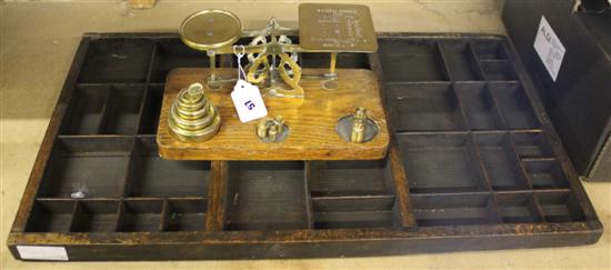 Wooden collectors wall rack & brass scales & weights